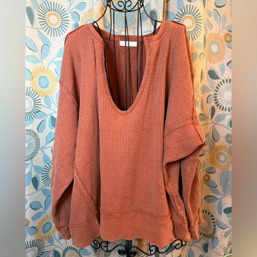 Free People Rust Orange Waffle Knit Sweater thermal